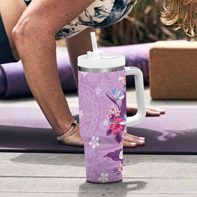 Hawaii Tropical Flowers Polynesian Tattoo Lavender Custom Stanley Quencher 40Oz Stainless Steel Tumbler With Handle - Image 6