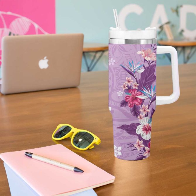 Hawaii Tropical Flowers Polynesian Tattoo Lavender Custom Stanley Quencher 40Oz Stainless Steel Tumbler With Handle - Image 5