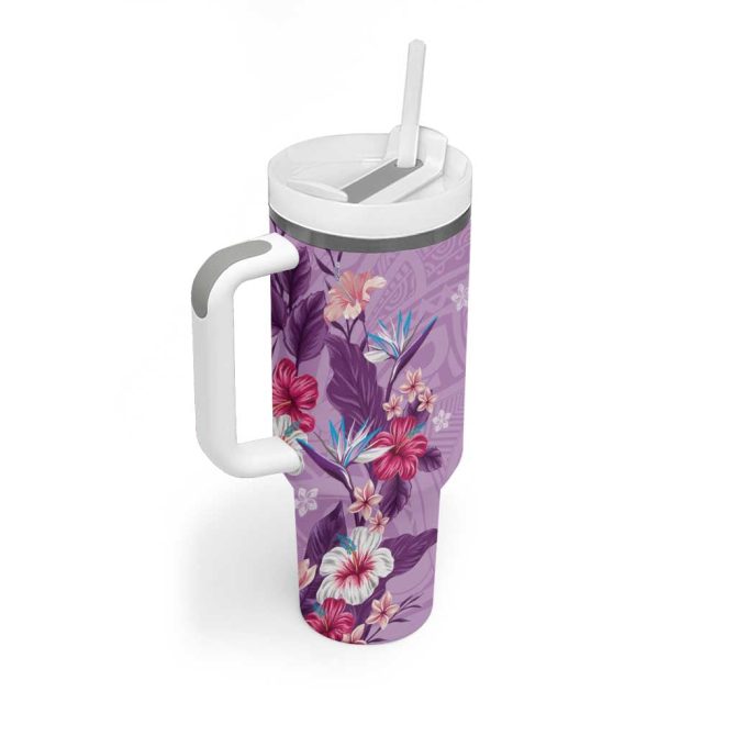 Hawaii Tropical Flowers Polynesian Tattoo Lavender Custom Stanley Quencher 40Oz Stainless Steel Tumbler With Handle - Image 2