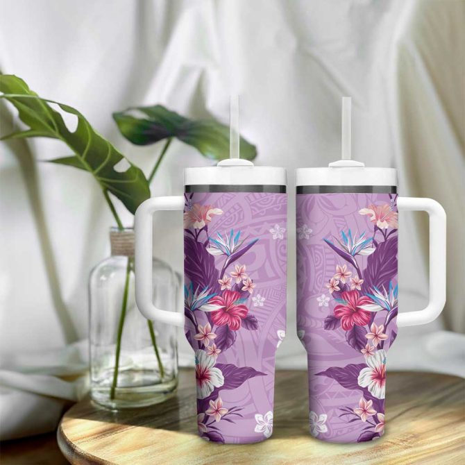 Hawaii Tropical Flowers Polynesian Tattoo Lavender Custom Stanley Quencher 40Oz Stainless Steel Tumbler With Handle - Image 9