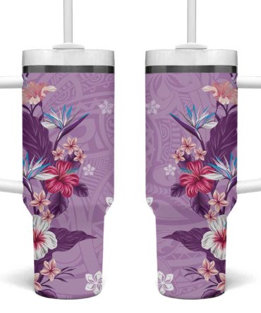 Hawaii Tropical Flowers Polynesian Tattoo Lavender Custom Stanley Quencher 40Oz Stainless Steel Tumbler With Handle