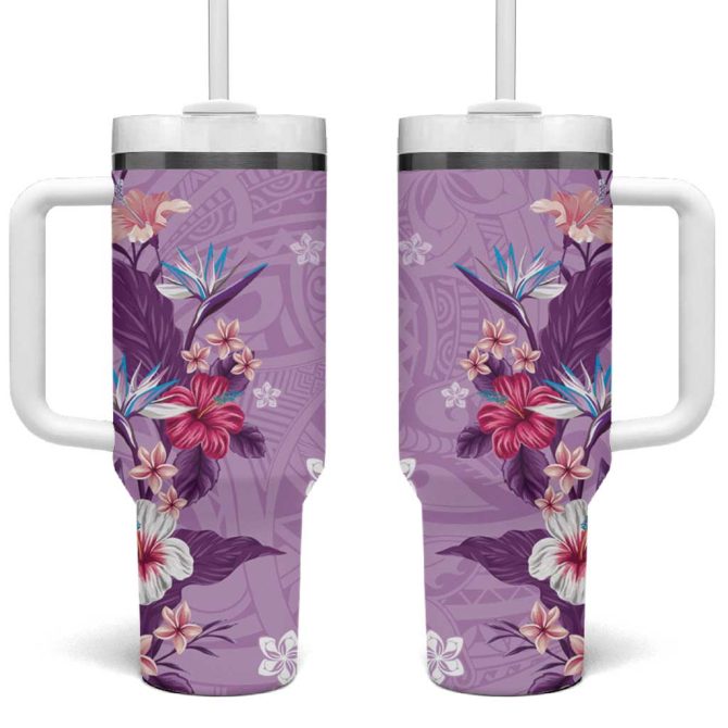 Hawaii Tropical Flowers Polynesian Tattoo Lavender Custom Stanley Quencher 40Oz Stainless Steel Tumbler With Handle