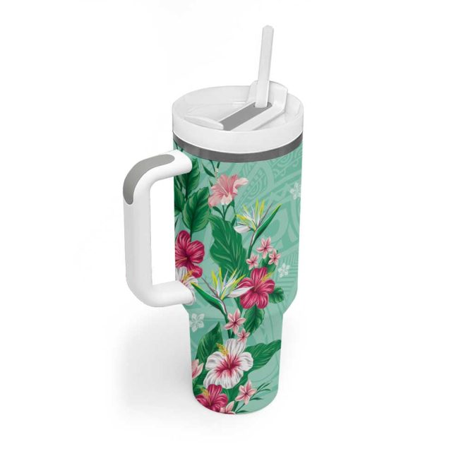 Hawaii Tropical Flowers Polynesian Tattoo Mint Green Custom Stanley Quencher 40Oz Stainless Steel Tumbler With Handle - Image 2