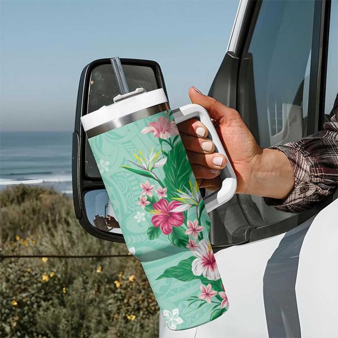 Hawaii Tropical Flowers Polynesian Tattoo Mint Green Custom Stanley Quencher 40Oz Stainless Steel Tumbler With Handle - Image 7