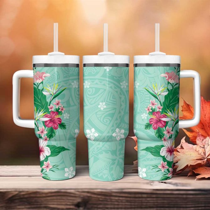 Hawaii Tropical Flowers Polynesian Tattoo Mint Green Custom Stanley Quencher 40Oz Stainless Steel Tumbler With Handle - Image 4