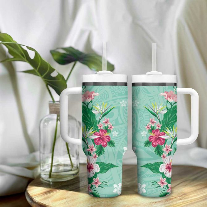 Hawaii Tropical Flowers Polynesian Tattoo Mint Green Custom Stanley Quencher 40Oz Stainless Steel Tumbler With Handle - Image 9