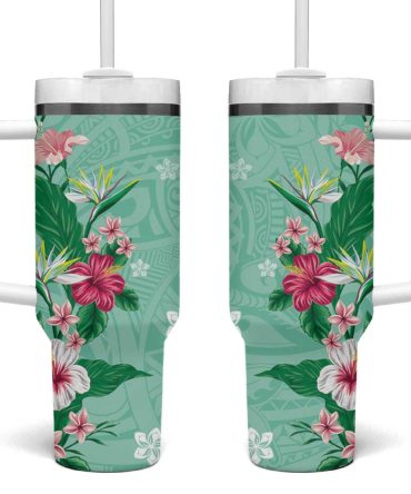Hawaii Tropical Flowers Polynesian Tattoo Mint Green Custom Stanley Quencher 40Oz Stainless Steel Tumbler With Handle