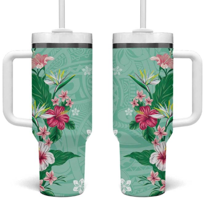 Hawaii Tropical Flowers Polynesian Tattoo Mint Green Custom Stanley Quencher 40Oz Stainless Steel Tumbler With Handle