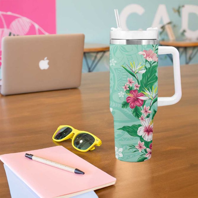 Hawaii Tropical Flowers Polynesian Tattoo Mint Green Custom Stanley Quencher 40Oz Stainless Steel Tumbler With Handle - Image 5