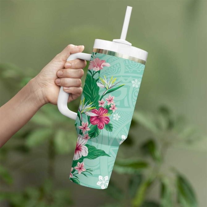 Hawaii Tropical Flowers Polynesian Tattoo Mint Green Custom Stanley Quencher 40Oz Stainless Steel Tumbler With Handle - Image 3