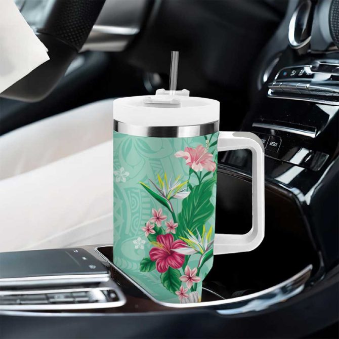 Hawaii Tropical Flowers Polynesian Tattoo Mint Green Custom Stanley Quencher 40Oz Stainless Steel Tumbler With Handle - Image 8