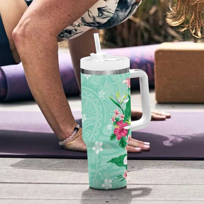 Hawaii Tropical Flowers Polynesian Tattoo Mint Green Custom Stanley Quencher 40Oz Stainless Steel Tumbler With Handle - Image 6
