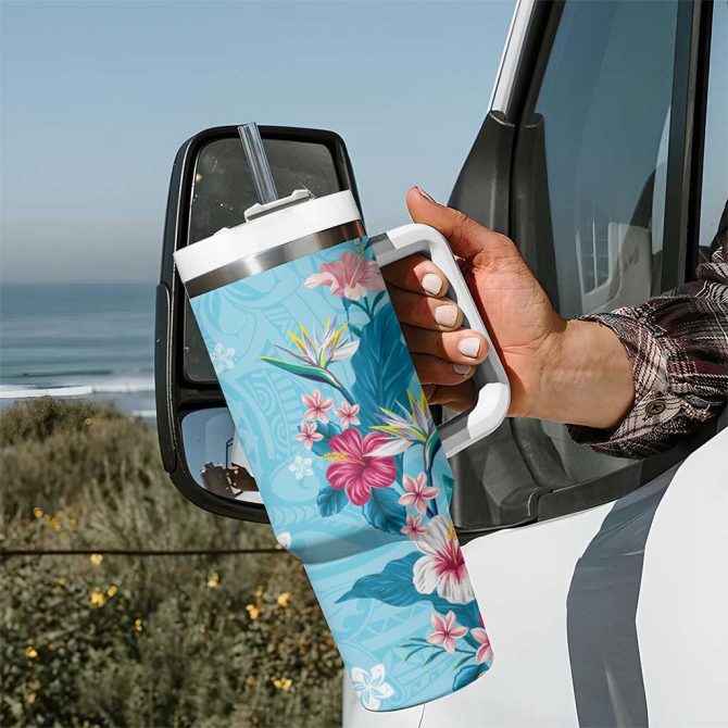 Hawaii Tropical Flowers Polynesian Tattoo Sky Blue Custom Stanley Quencher 40Oz Stainless Steel Tumbler With Handle - Image 7