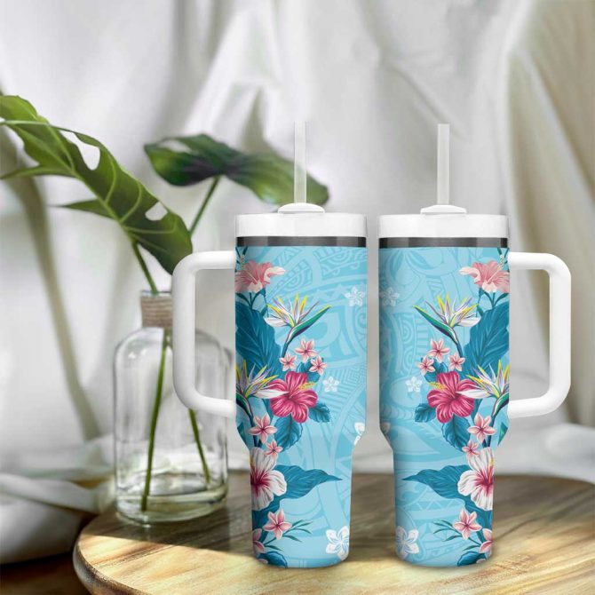 Hawaii Tropical Flowers Polynesian Tattoo Sky Blue Custom Stanley Quencher 40Oz Stainless Steel Tumbler With Handle - Image 9