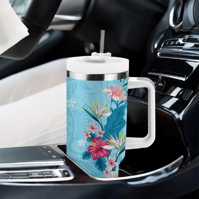 Hawaii Tropical Flowers Polynesian Tattoo Sky Blue Custom Stanley Quencher 40Oz Stainless Steel Tumbler With Handle - Image 8