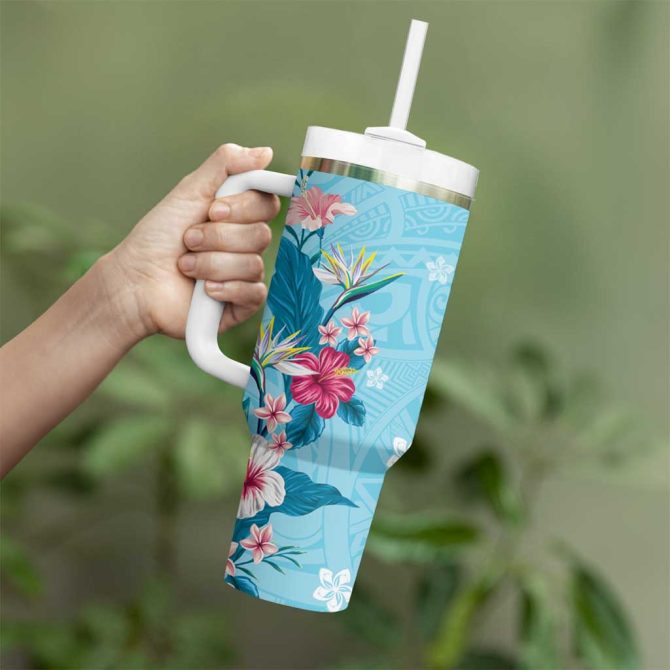 Hawaii Tropical Flowers Polynesian Tattoo Sky Blue Custom Stanley Quencher 40Oz Stainless Steel Tumbler With Handle - Image 3