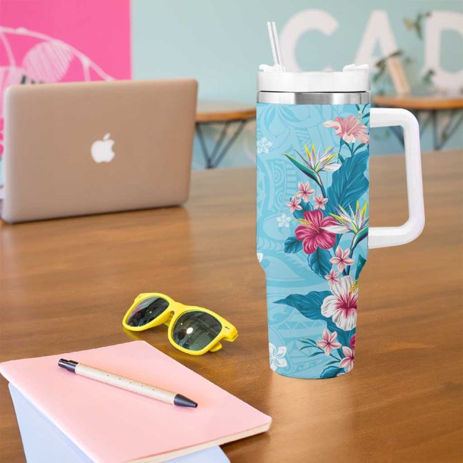 Hawaii Tropical Flowers Polynesian Tattoo Sky Blue Custom Stanley Quencher 40Oz Stainless Steel Tumbler With Handle - Image 5