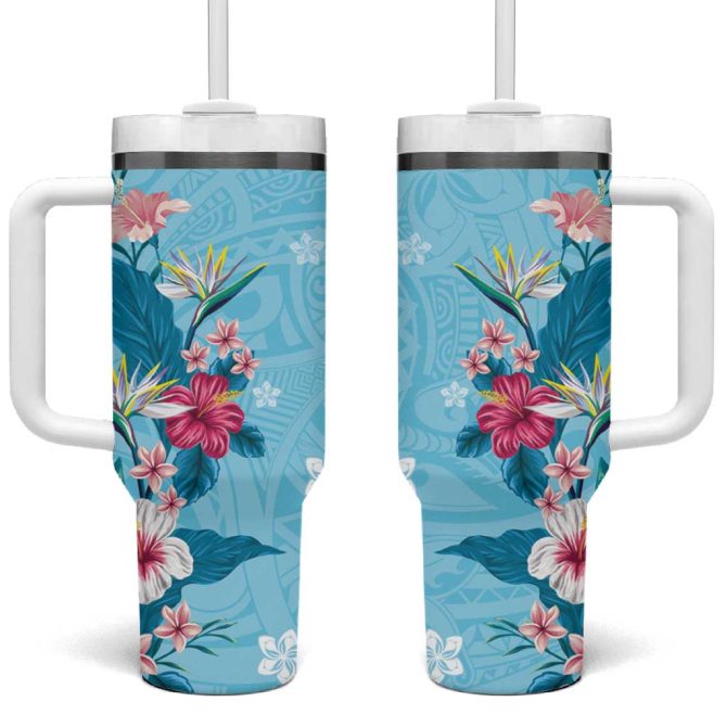 Hawaii Tropical Flowers Polynesian Tattoo Sky Blue Custom Stanley Quencher 40Oz Stainless Steel Tumbler With Handle