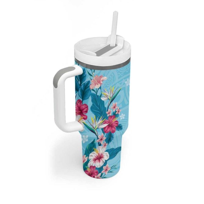 Hawaii Tropical Flowers Polynesian Tattoo Sky Blue Custom Stanley Quencher 40Oz Stainless Steel Tumbler With Handle - Image 2
