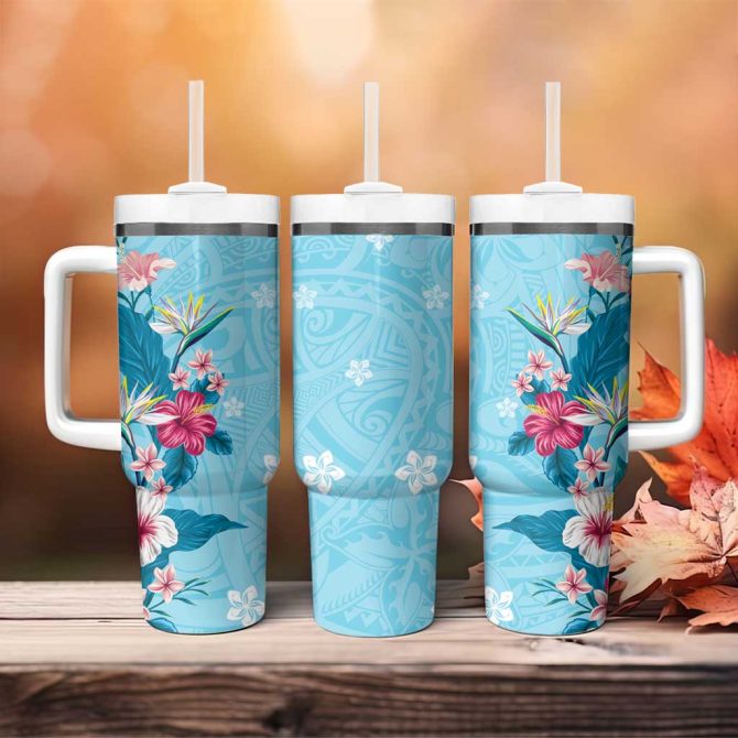 Hawaii Tropical Flowers Polynesian Tattoo Sky Blue Custom Stanley Quencher 40Oz Stainless Steel Tumbler With Handle - Image 4