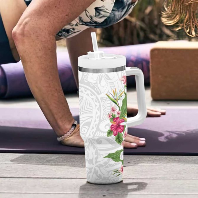 Hawaii Tropical Flowers Polynesian Tattoo White Custom Stanley Quencher 40Oz Stainless Steel Tumbler With Handle - Image 6