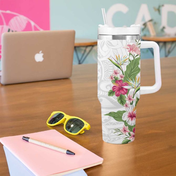 Hawaii Tropical Flowers Polynesian Tattoo White Custom Stanley Quencher 40Oz Stainless Steel Tumbler With Handle - Image 5