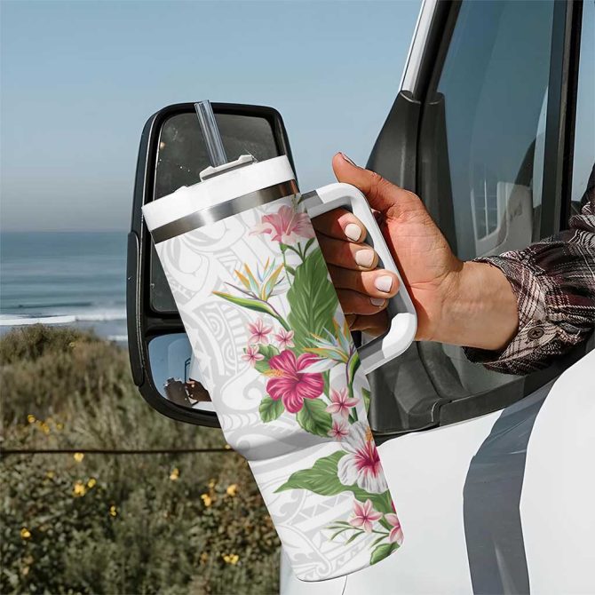 Hawaii Tropical Flowers Polynesian Tattoo White Custom Stanley Quencher 40Oz Stainless Steel Tumbler With Handle - Image 7