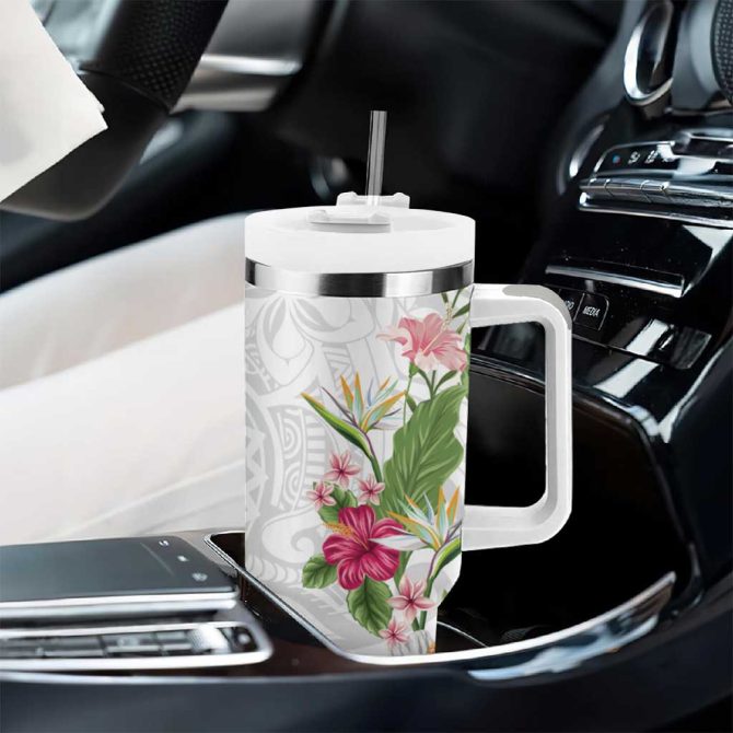 Hawaii Tropical Flowers Polynesian Tattoo White Custom Stanley Quencher 40Oz Stainless Steel Tumbler With Handle - Image 8