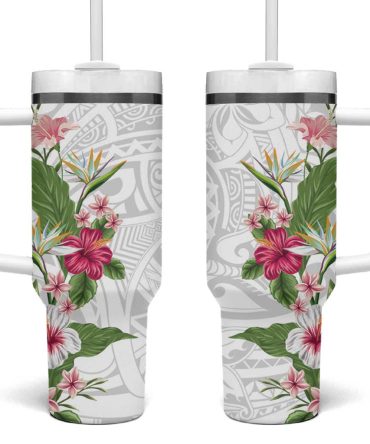 Hawaii Tropical Flowers Polynesian Tattoo White Custom Stanley Quencher 40Oz Stainless Steel Tumbler With Handle