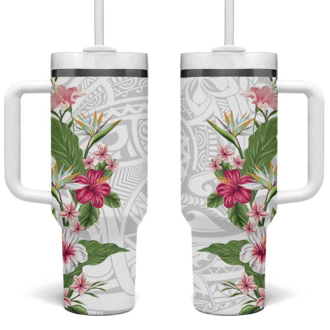 Hawaii Tropical Flowers Polynesian Tattoo White Custom Stanley Quencher 40Oz Stainless Steel Tumbler With Handle