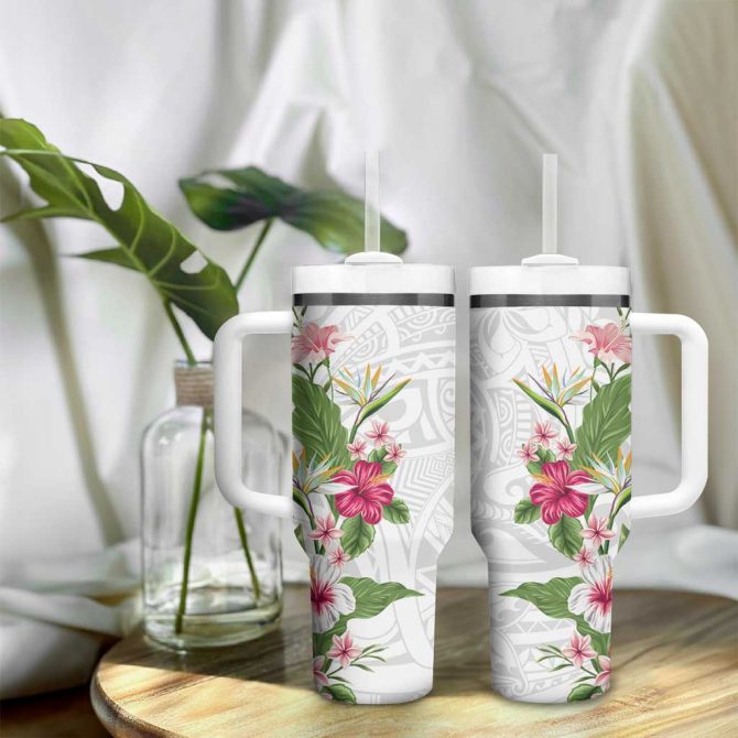 Hawaii Tropical Flowers Polynesian Tattoo White Custom Stanley Quencher 40Oz Stainless Steel Tumbler With Handle - Image 9