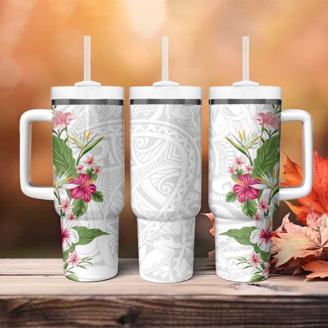 Hawaii Tropical Flowers Polynesian Tattoo White Custom Stanley Quencher 40Oz Stainless Steel Tumbler With Handle - Image 4