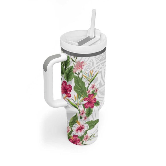 Hawaii Tropical Flowers Polynesian Tattoo White Custom Stanley Quencher 40Oz Stainless Steel Tumbler With Handle - Image 2