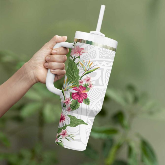 Hawaii Tropical Flowers Polynesian Tattoo White Custom Stanley Quencher 40Oz Stainless Steel Tumbler With Handle - Image 3
