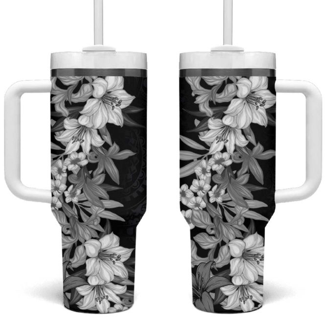 Hawaii Tropical Leaves And Flowers Tribal Polynesian Black White Custom Stanley Quencher 40Oz Stainless Steel Tumbler With Handle