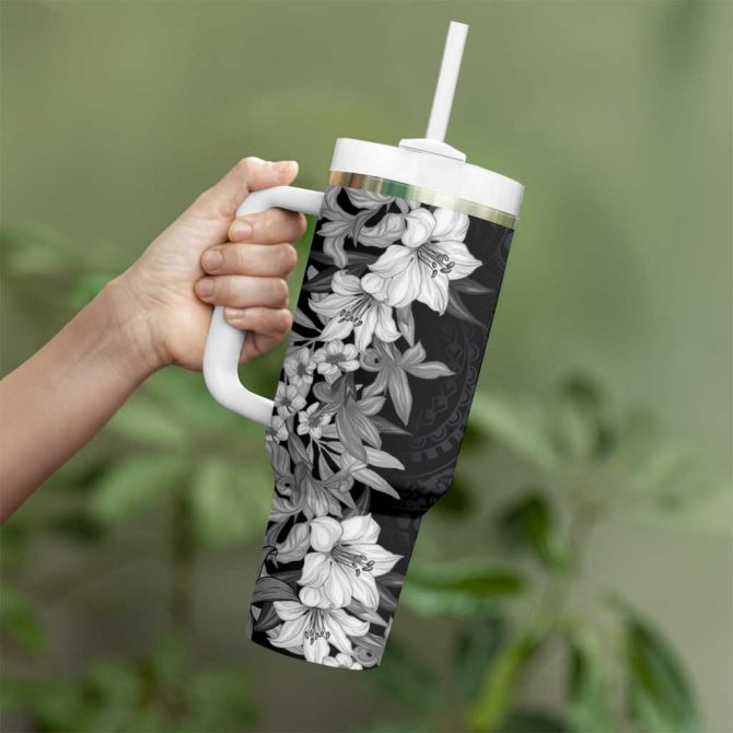 Hawaii Tropical Leaves And Flowers Tribal Polynesian Black White Custom Stanley Quencher 40Oz Stainless Steel Tumbler With Handle - Image 3