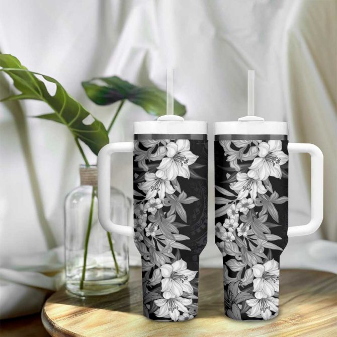 Hawaii Tropical Leaves And Flowers Tribal Polynesian Black White Custom Stanley Quencher 40Oz Stainless Steel Tumbler With Handle - Image 9