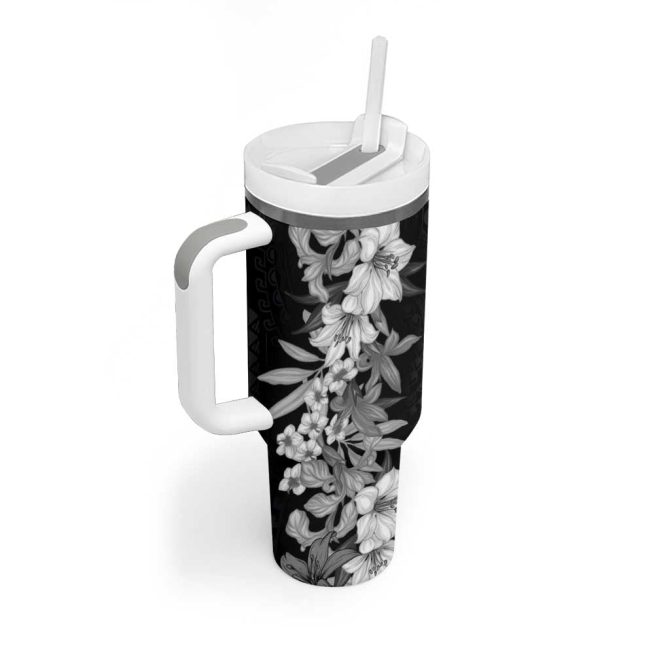 Hawaii Tropical Leaves And Flowers Tribal Polynesian Black White Custom Stanley Quencher 40Oz Stainless Steel Tumbler With Handle - Image 2