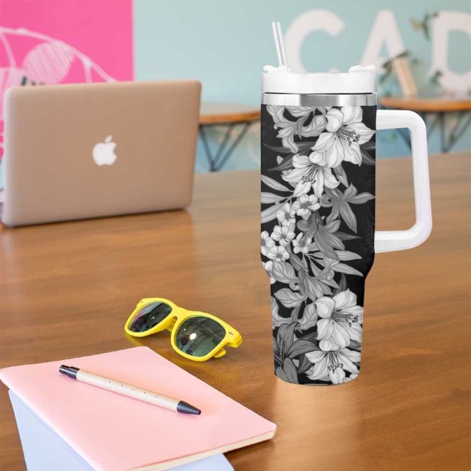 Hawaii Tropical Leaves And Flowers Tribal Polynesian Black White Custom Stanley Quencher 40Oz Stainless Steel Tumbler With Handle - Image 5