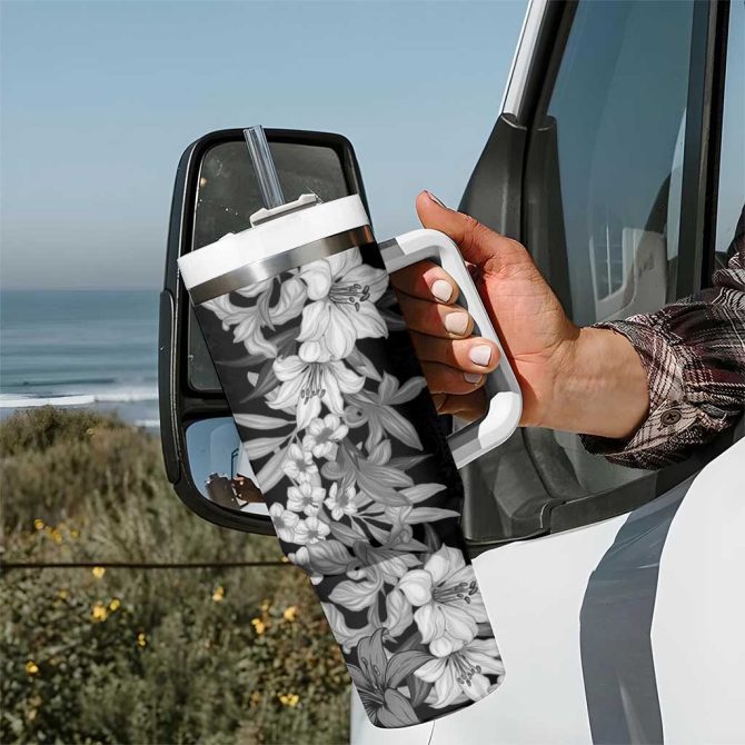 Hawaii Tropical Leaves And Flowers Tribal Polynesian Black White Custom Stanley Quencher 40Oz Stainless Steel Tumbler With Handle - Image 7