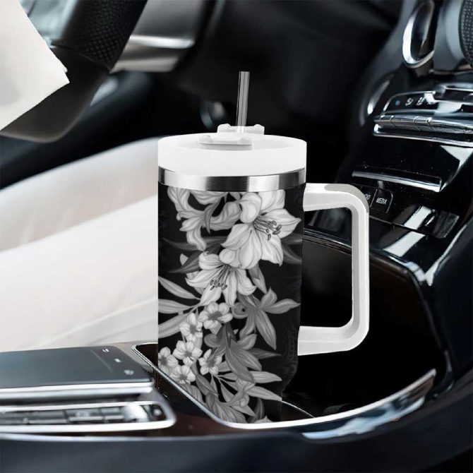 Hawaii Tropical Leaves And Flowers Tribal Polynesian Black White Custom Stanley Quencher 40Oz Stainless Steel Tumbler With Handle - Image 8