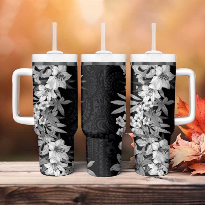 Hawaii Tropical Leaves And Flowers Tribal Polynesian Black White Custom Stanley Quencher 40Oz Stainless Steel Tumbler With Handle - Image 4