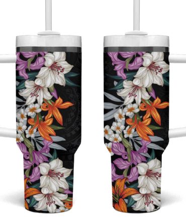 Hawaii Tropical Leaves And Flowers Tribal Polynesian Custom Stanley Quencher 40Oz Stainless Steel Tumbler With Handle