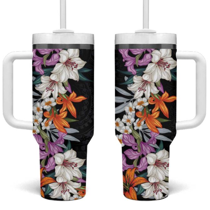 Hawaii Tropical Leaves And Flowers Tribal Polynesian Custom Stanley Quencher 40Oz Stainless Steel Tumbler With Handle