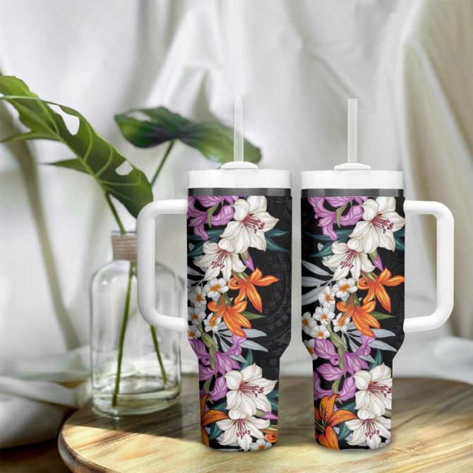 Hawaii Tropical Leaves And Flowers Tribal Polynesian Custom Stanley Quencher 40Oz Stainless Steel Tumbler With Handle - Image 9