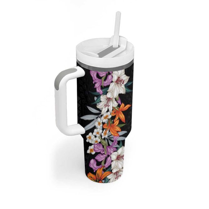 Hawaii Tropical Leaves And Flowers Tribal Polynesian Custom Stanley Quencher 40Oz Stainless Steel Tumbler With Handle - Image 2
