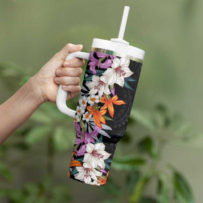 Hawaii Tropical Leaves And Flowers Tribal Polynesian Custom Stanley Quencher 40Oz Stainless Steel Tumbler With Handle - Image 3