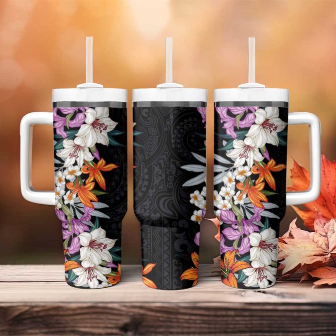 Hawaii Tropical Leaves And Flowers Tribal Polynesian Custom Stanley Quencher 40Oz Stainless Steel Tumbler With Handle - Image 4