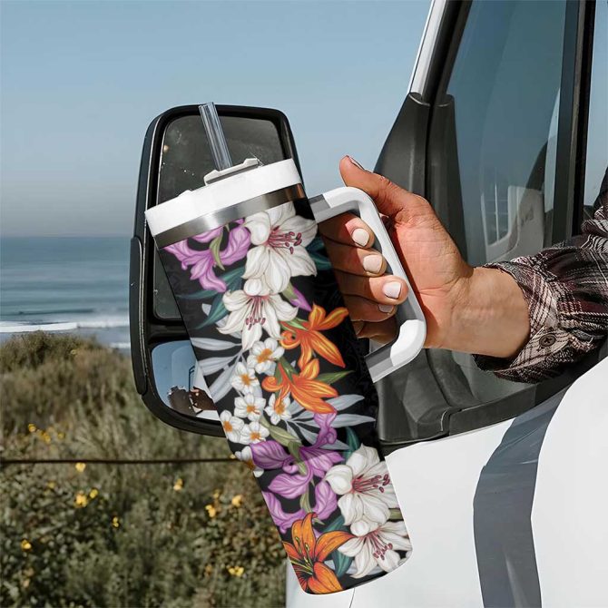Hawaii Tropical Leaves And Flowers Tribal Polynesian Custom Stanley Quencher 40Oz Stainless Steel Tumbler With Handle - Image 7