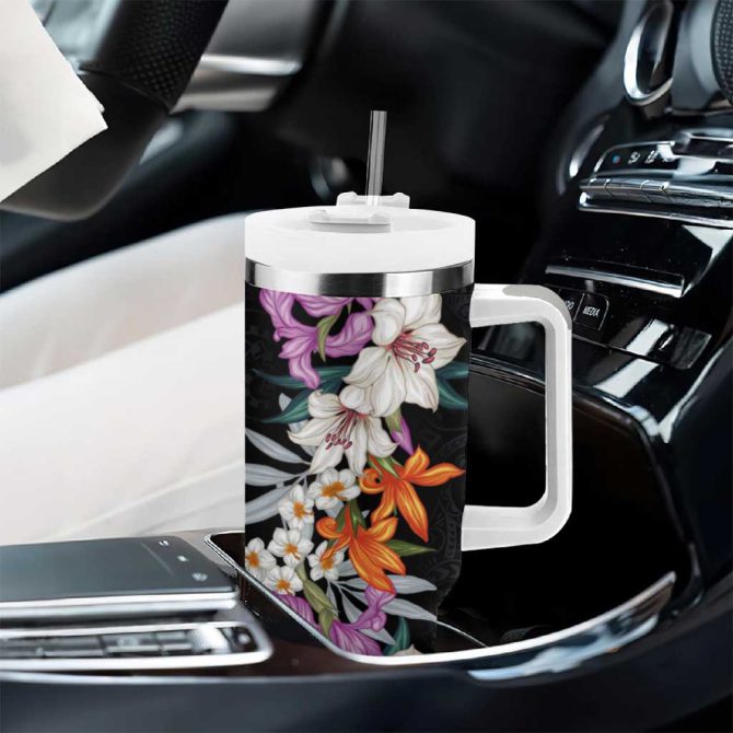 Hawaii Tropical Leaves And Flowers Tribal Polynesian Custom Stanley Quencher 40Oz Stainless Steel Tumbler With Handle - Image 8